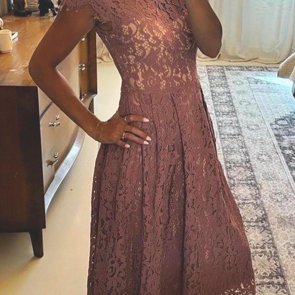 HM Mauve Floral Fairycore Lace Cap Sleeve Pleated Midi Dress US 0